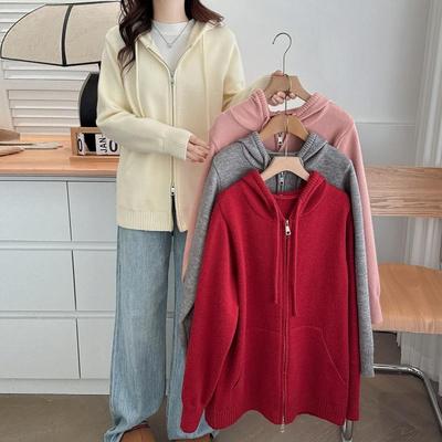 口袋针织衫大码拉链连帽开衫
