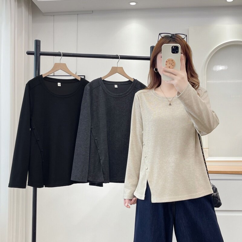 秋装设计感圆领长袖T恤女大码显瘦遮肚斜纽扣开叉打底衫纯色上衣