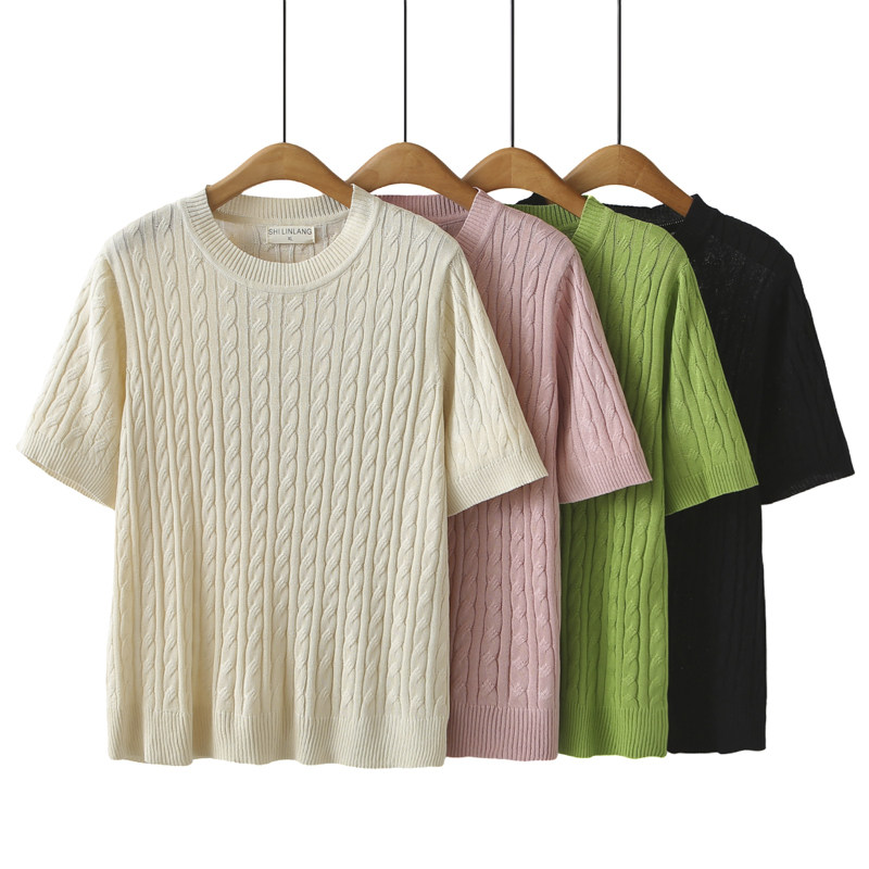 大码女装新款休闲短袖T恤夏季宽松显瘦圆领麻花针织上衣打底衫