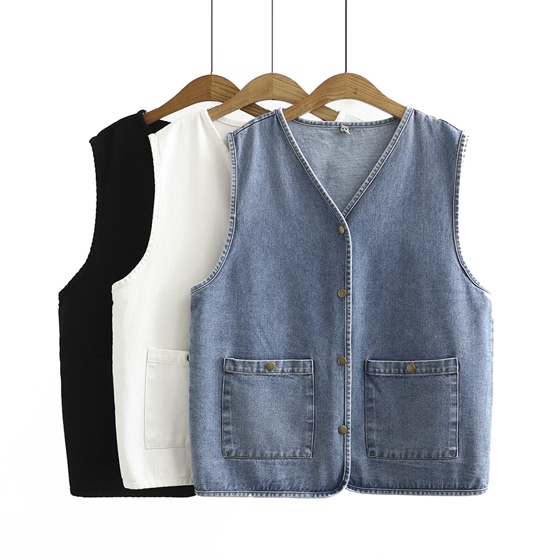 2023春季新款大码女士休闲上衣加大码V领复古双口袋牛仔无袖马甲