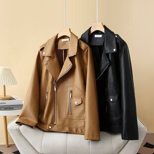皮夹克 PU皮机车皮衣200斤胖mm翻领斜拉链外套大码 春秋韩版 新款