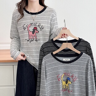 韩式卡通小狗印花横条纹长袖T恤大码女士宽松百搭休闲打底衫上衣