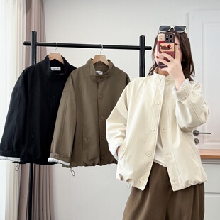 大码春装立领翻袖条纹拼接短外套女宽松显瘦时尚小个子夹克开衫