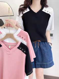2024夏V领撞色钉扣正肩上衣200斤胖mm宽松遮肚子显瘦大码 t恤 半袖