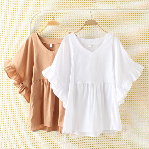 大码女装新款套头衫V领喇叭袖t恤