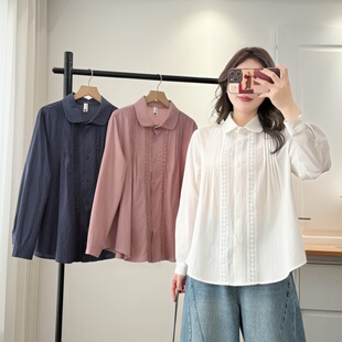 衬衫 大码 休闲上衣200斤胖mm宽松翻领花边拼接压褶长袖 2026春新款