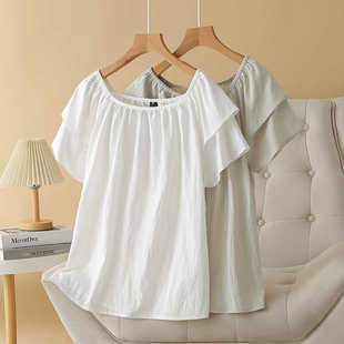 新款 时尚 娃娃衫 大码 衬衫 韩版 200斤胖mm设计感方领荷叶袖 上衣夏装