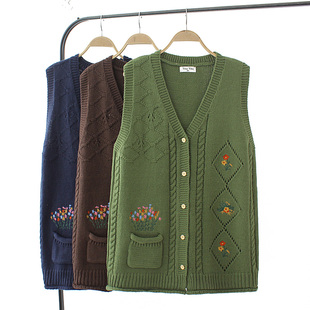 坎肩胖mm宽松V领绣花口袋大码 针织马甲开衫 背心马夹 时尚 春秋韩版