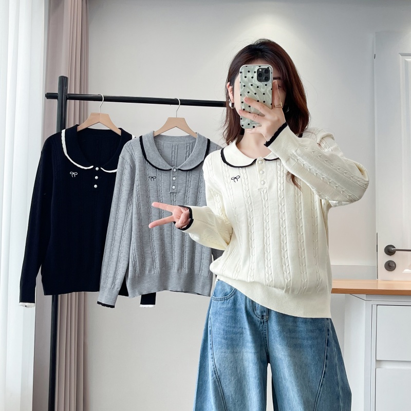 大码女装秋装新款娃娃领针织衫