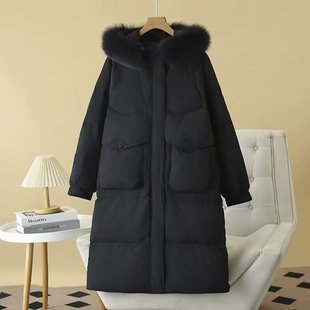 大码女装冬季新款韩版宽松连帽狐狸毛领中长款羽绒服胖mm显瘦外套