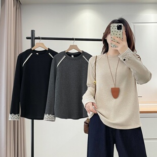 大码冬装新款蕾丝花边拼接长袖T恤女装圆领显瘦内搭加绒打底衫