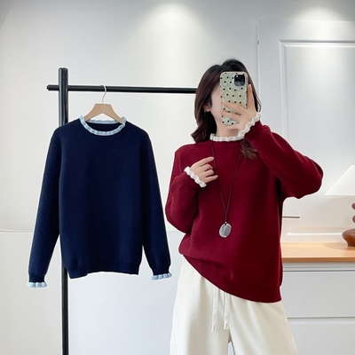 大码韩式撞色木耳边拼接针织衫