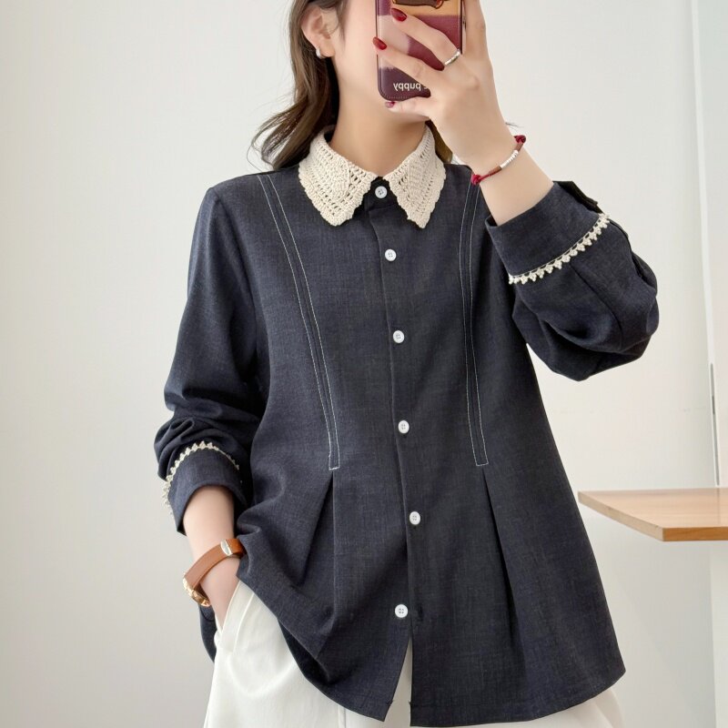 大码春装法式气质蕾丝领牛仔衬衫女长袖单排扣百搭显瘦打底上衣