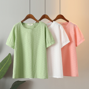 大码 夏季 休闲200斤胖mm宽松圆领纯色镂空绣花短袖 韩版 文艺t恤 新款