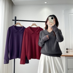 大码冬装新款洋气翻领针织衫长袖百搭打底衫袖口镂空蕾丝拼接毛衣