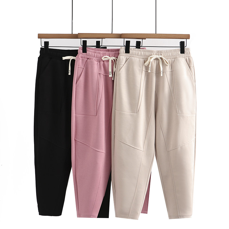 夏季女士新款休闲裤胖mm松紧腰抽绳遮胯显瘦大码哈伦运动九分裤 - 媛媛外贸原单大码女装出品