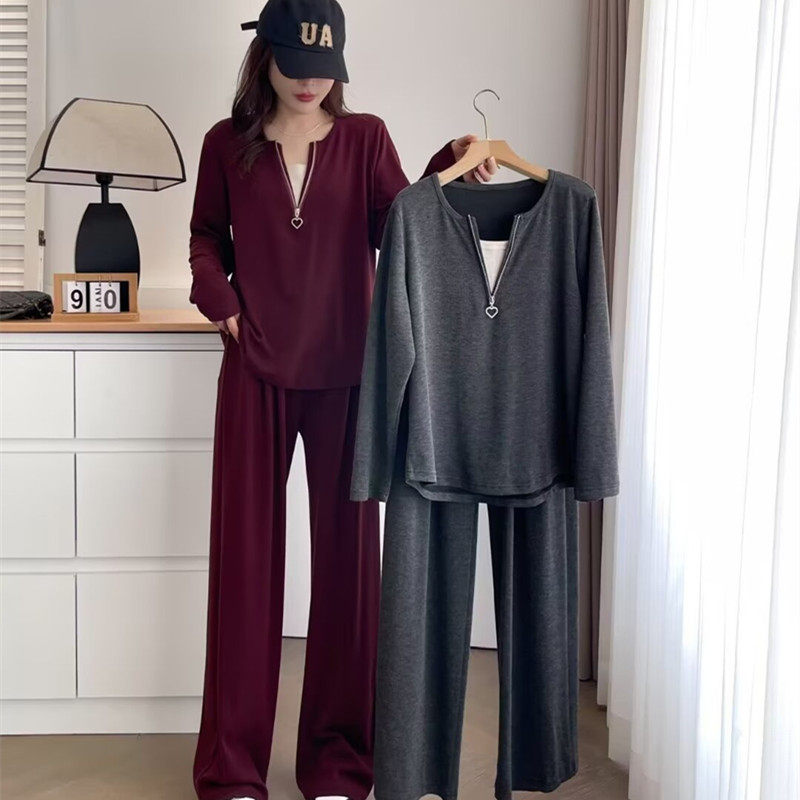 大码女装秋季新款半拉链拼接T恤显瘦遮肉套装休闲运动卫衣阔腿裤,女装/女士精品,时尚套装,淘宝优惠券,粉丝福利购,淘宝优惠卷