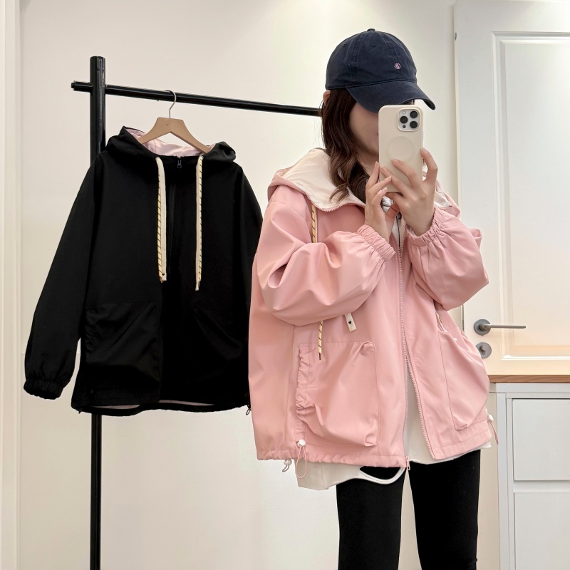 大码胖mm连帽拉链收腰抽绳冲锋衣