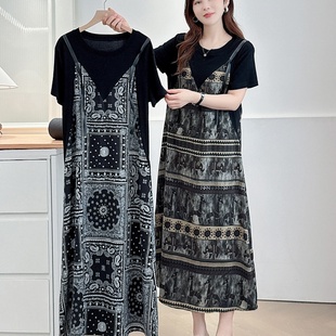 女装 大码 圆领大象印花假两件拼接连衣裙显瘦长裙子 新款 2025夏装