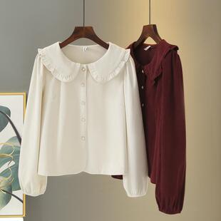 女装 秋冬娃娃领条绒衬衫 200斤胖mm宽松显瘦珍珠扣别致上衣大码