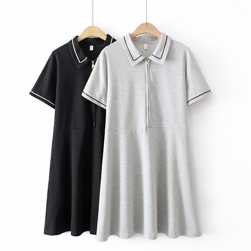 夏季女士新款大码polo裙子200斤胖mm翻领半拉链相色短袖连衣裙