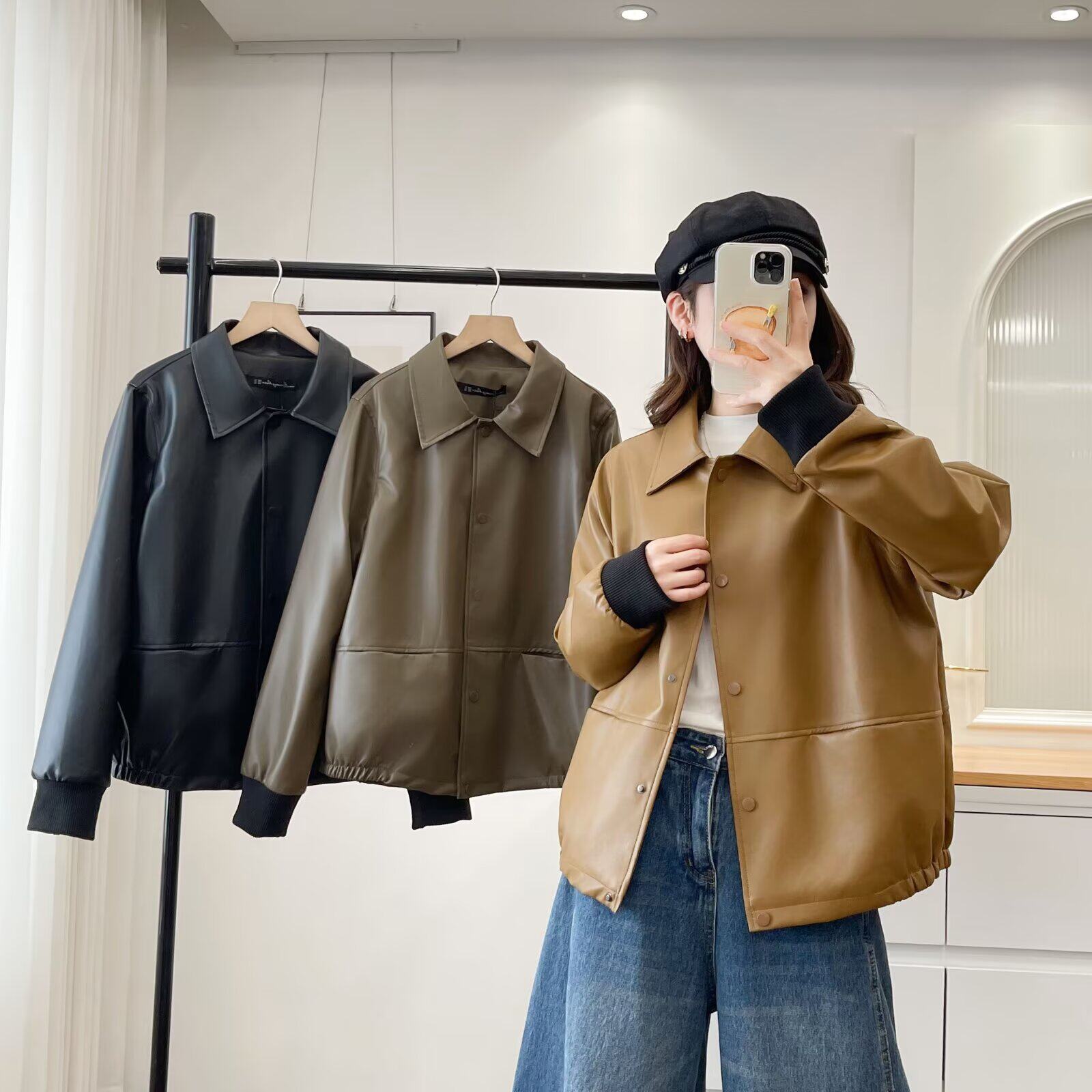大码女装春秋季韩版胖mm极简风翻领皮衣加肥加大码宽松皮夹克外套