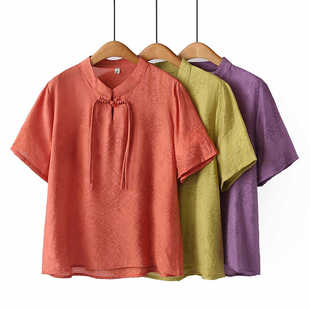 夏装韩版新款妈妈装休闲上衣胖mm复古文艺盘扣提花大码短袖衬衫