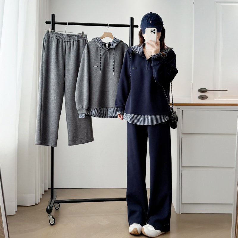秋季女装新款休闲运动套装大码假两件连帽格纹拼接卫衣阔腿裤套装,女装/女士精品,休闲运动套装,淘宝优惠券,粉丝福利购,淘宝优惠卷