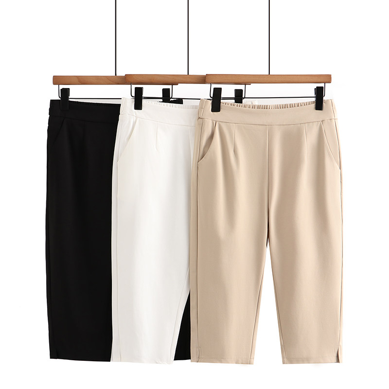 夏装韩版新款休闲薄款西装裤胖mm松紧腰小开叉弹力大码显瘦七分裤