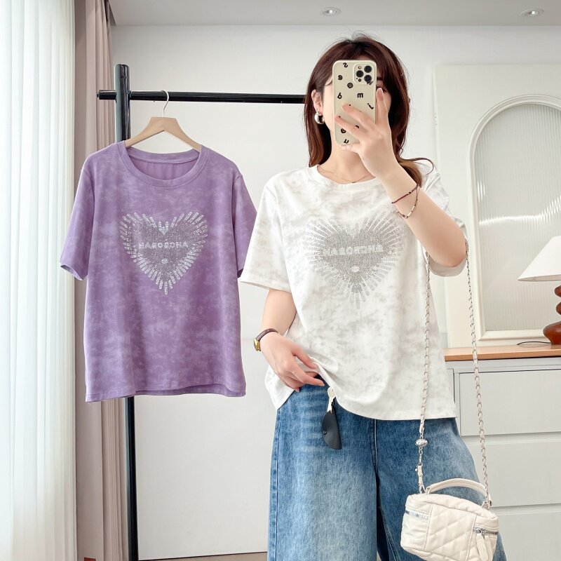 2025夏装新款大码女装休闲上衣设计感圆领爱心烫钻短袖T恤衫女