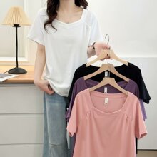 大码女装法式设计感锁骨方领短袖正肩t恤女胖妹妹mm气质显瘦上衣