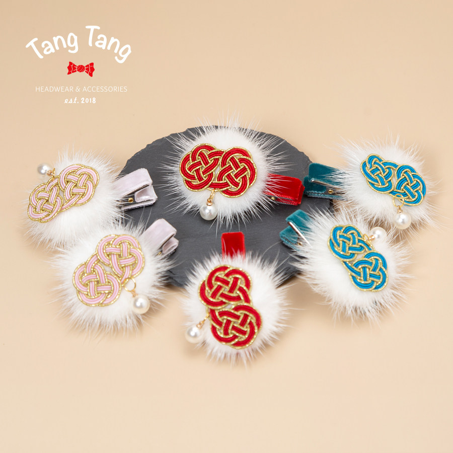 tangtang新年发饰中国风貂毛球花结儿童发夹头饰女童边夹对夹配饰