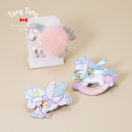 Tangtang发饰彩色天马刺绣发卡女童刘海夹侧边夹宝宝安全包布发夹