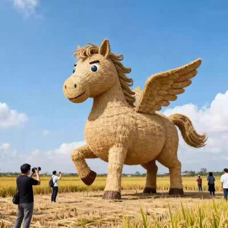 稻草人工艺品草编动物马年吉祥雕塑卡通动物绿雕造型稻草装饰摆件