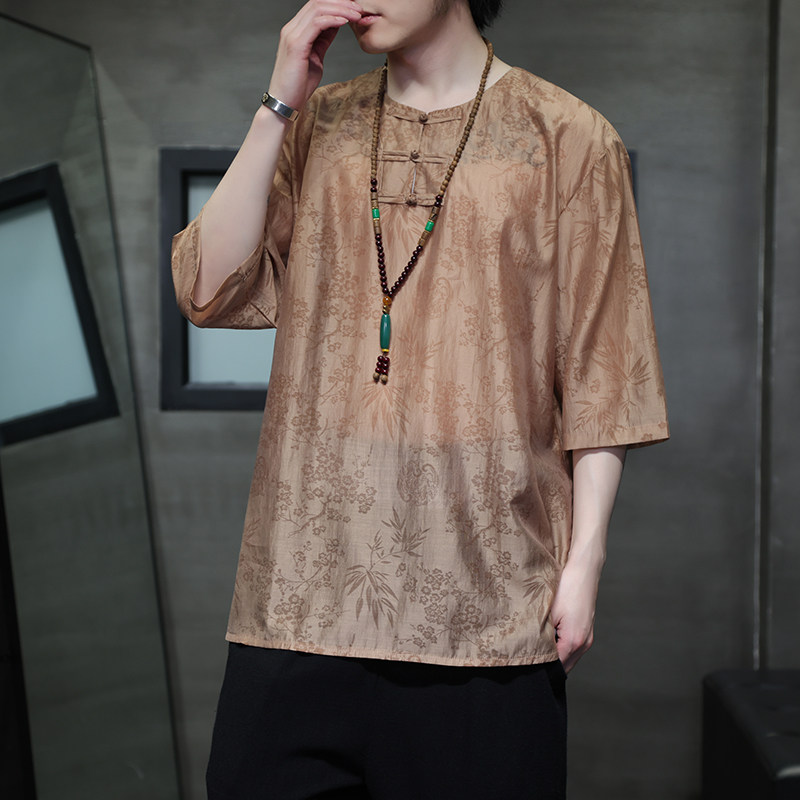 2024夏季风男装复古中式唐装汉服短袖五分袖T恤C229-T216-P60,男装T恤,电商C229