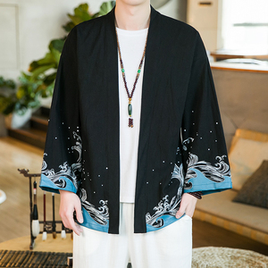 2024秋风男装棉麻亚麻印花唐装汉服披风风衣男C229/F407/P60图片