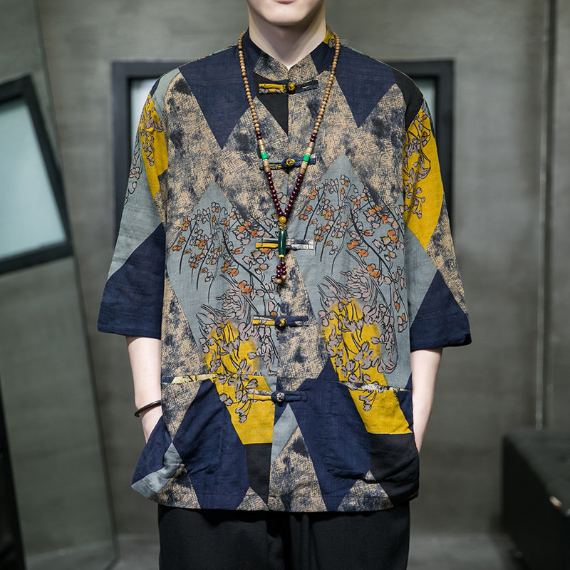 风男装棉亚麻印花唐装汉服短袖五分袖衬衫衬衣C229/Y728/P65,男装衬衫,电商C229