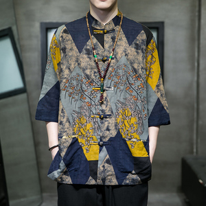 风男装棉亚麻印花唐装汉服短袖五分袖衬衫衬衣C229/Y728/P65图片