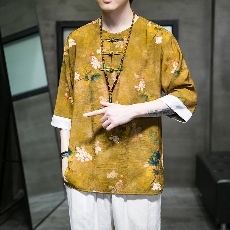2024夏季风男装复古中式唐装汉服短袖T恤大码C229/T175/P50,男装T恤,电商C229