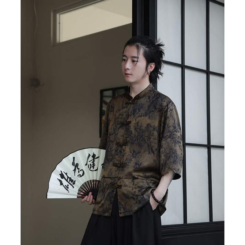 2024夏风男装印花唐装汉服短袖五分袖衬衫衬衣C229-Y1038-P70,男装衬衫,电商C229