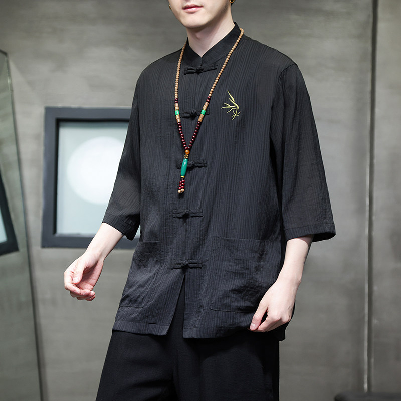 2024夏风男装刺绣唐装汉服短袖五分袖衬衫衬衣C229-Y907-P65图片