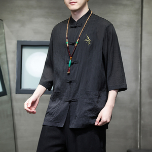 2024夏风男装刺绣唐装汉服短袖五分袖衬衫衬衣C229-Y907-P65图片