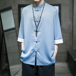 2024夏风男装冰丝唐装汉服短袖五分袖衬衫衬衣C229/Y677/P60图片