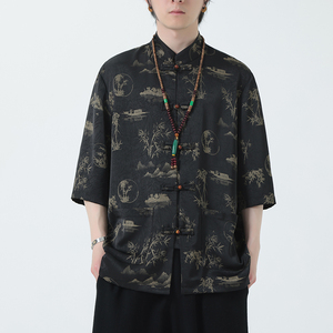 2024夏季风男装冰丝印花唐装汉服短袖衬衫衬衣C229-Y1021-P70图片