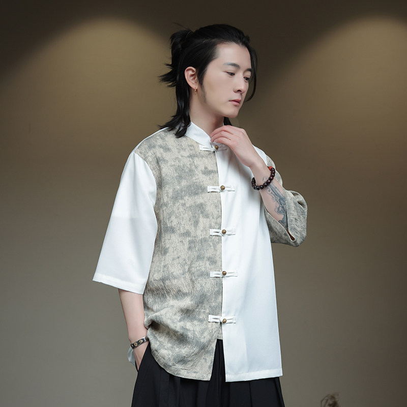2024夏季新款风男装拼接唐装汉服短袖衬衫衬衣C229-Y904-P65,男装衬衫,电商C229