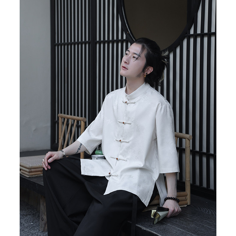 2024夏季风男装冰丝唐装汉服短袖五分袖衬衫C229-Y1031-P70,男装衬衫,电商C229