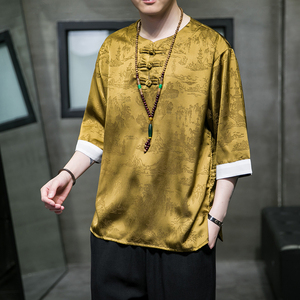 2024春夏风男装冰丝唐装汉服短袖五分袖T恤大码C229/T195/P55图片