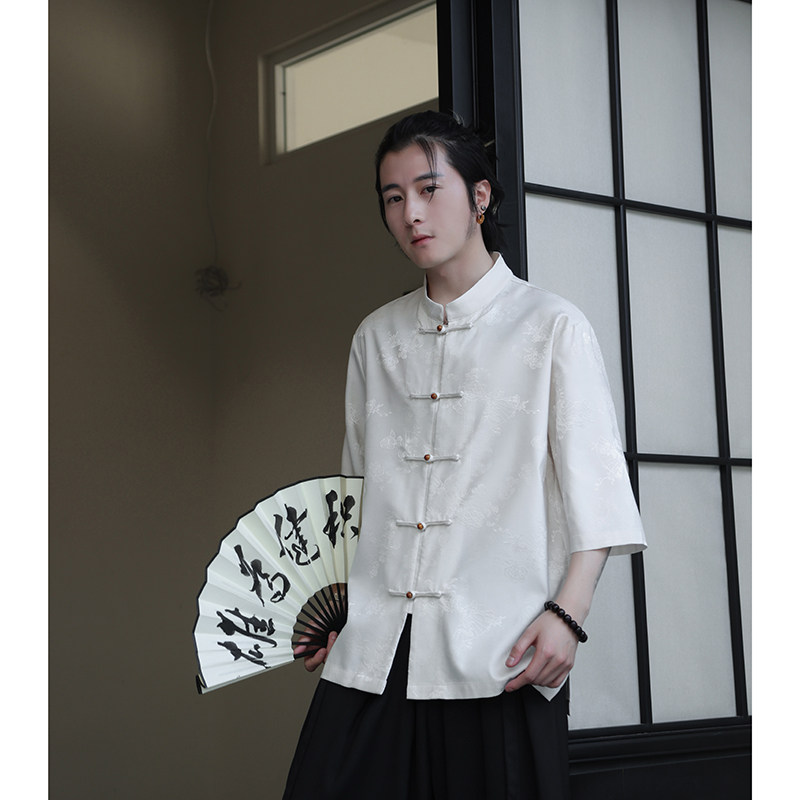2024夏季风男装冰丝唐装汉服短袖五分袖衬衫C229-Y1031-P70,男装衬衫,电商C229