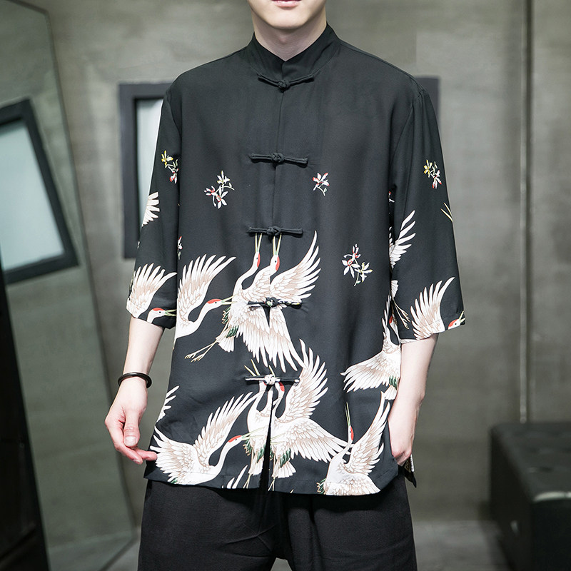 2023夏风男装仙鹤唐装汉服五分袖短袖衬衫衬衣C229/Y976/P70,男装衬衫,电商C229