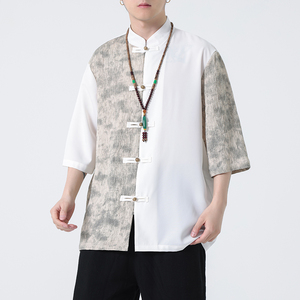 2024春夏新款风男装撞色拼接唐装汉服短袖衬衫C229-Y904-P65图片
